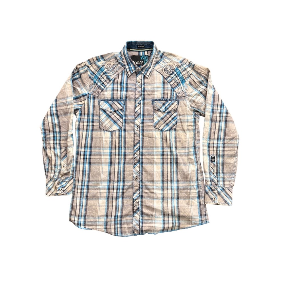ROAR Signature Mens XL Blue Grey Plaid Embroidered Western Button Down SKU53